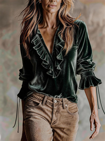 Velvet Ruffle V-Neck Boho Blouse Top
