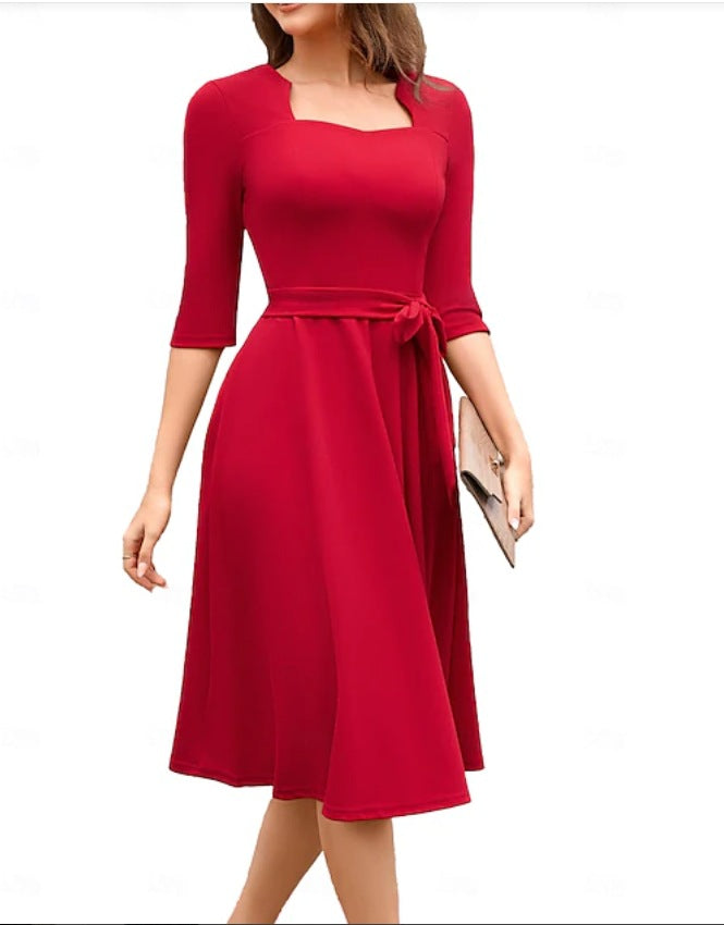 Square Neck Tie Waist A-Line Midi Dress 3/4 Sleeve Elegant