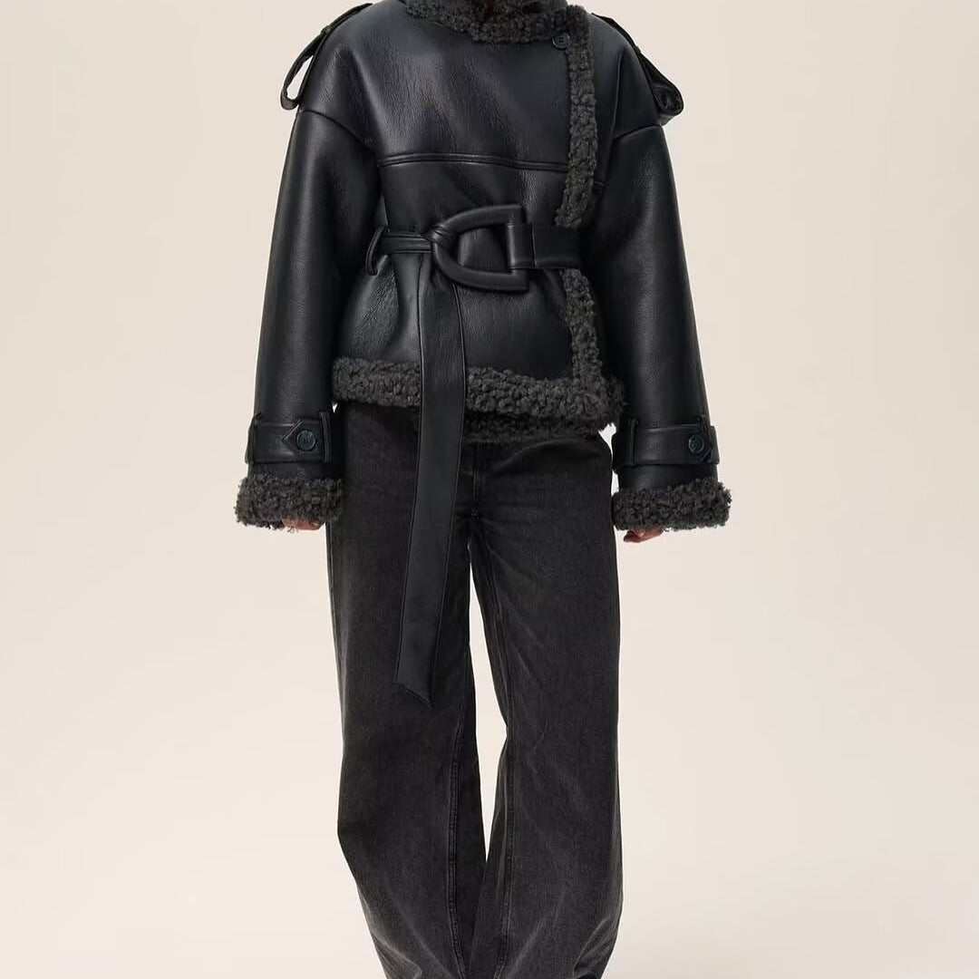 Women's Faux Leather Shearling Belted Moto Jacket