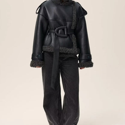 Women's Faux Leather Shearling Belted Moto Jacket