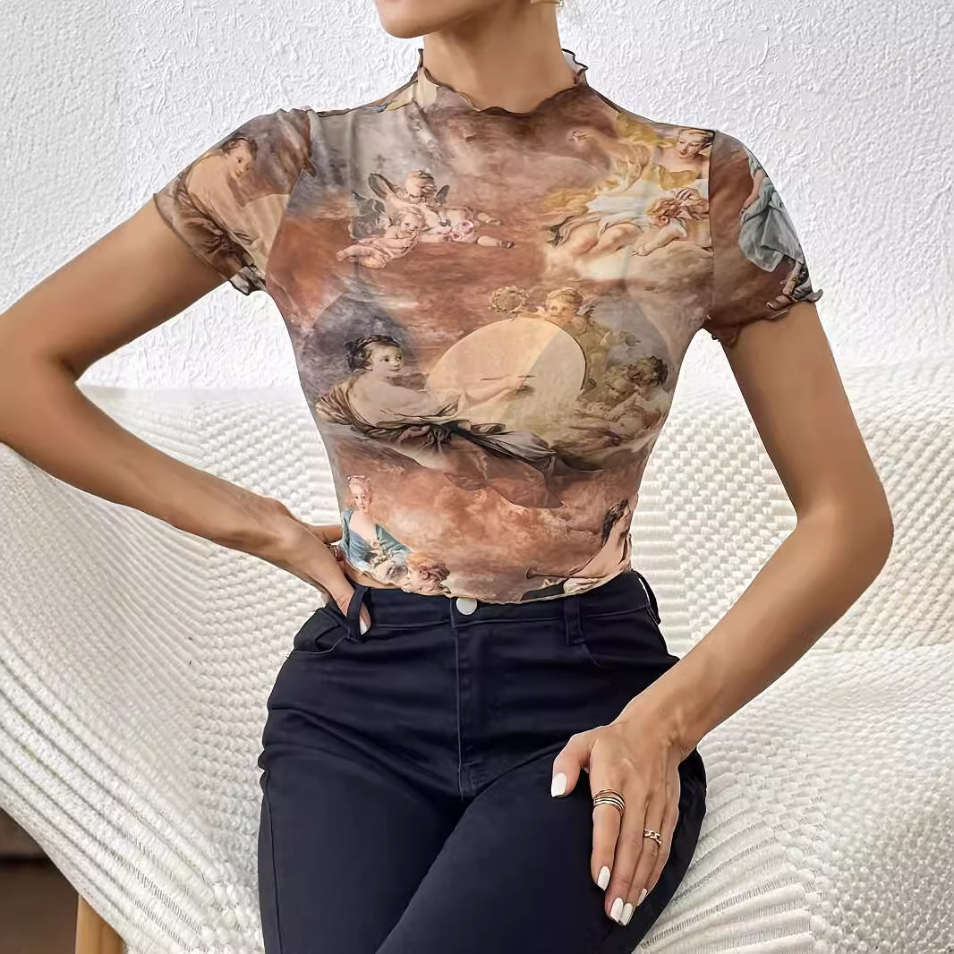 Mesh Printed Slim Fit Short-Sleeve T-Shirt with Ruffle Edge