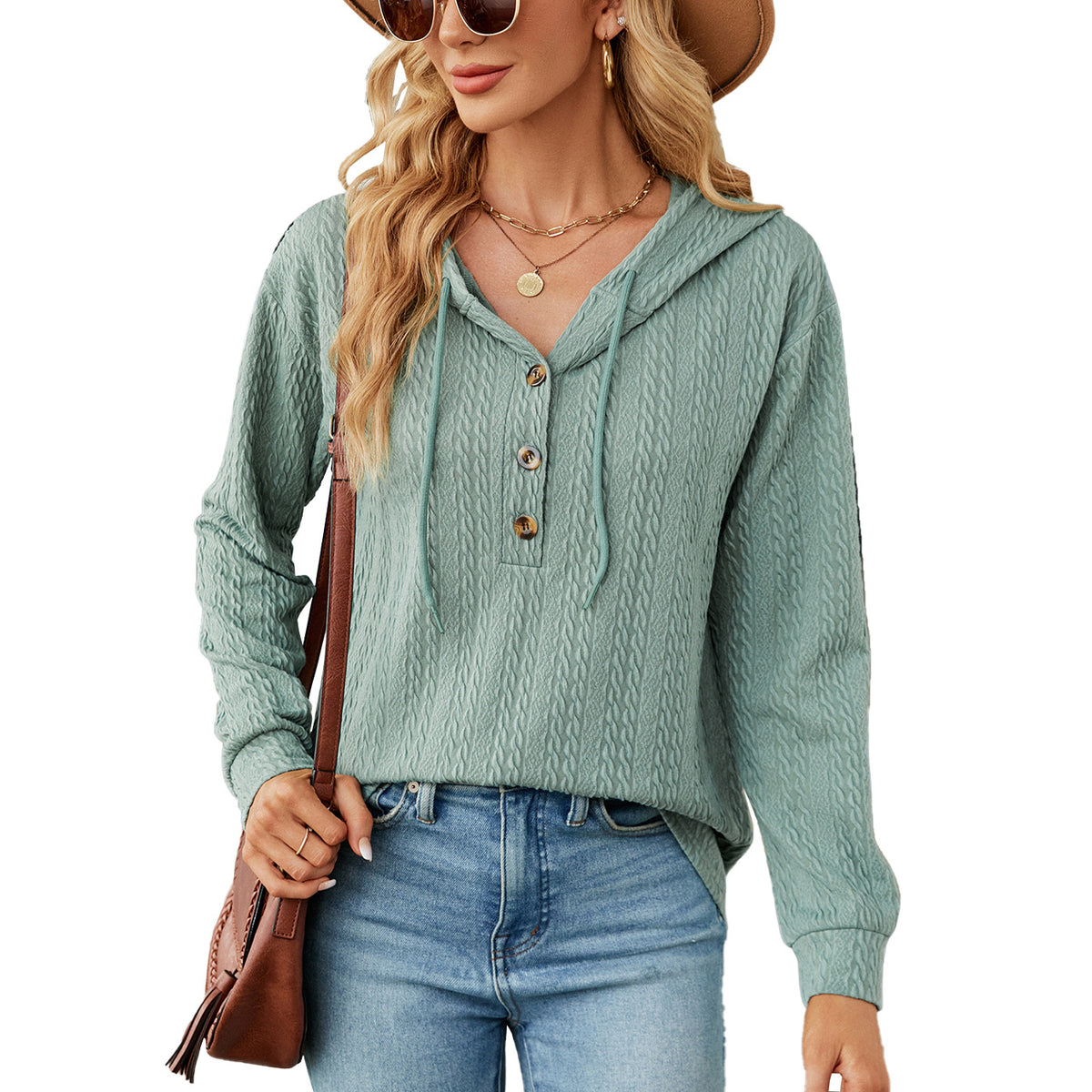 Women's Oversized V-Neck Button Hoodie Long Sleeve Top