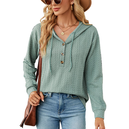 Women's Oversized V-Neck Button Hoodie Long Sleeve Top