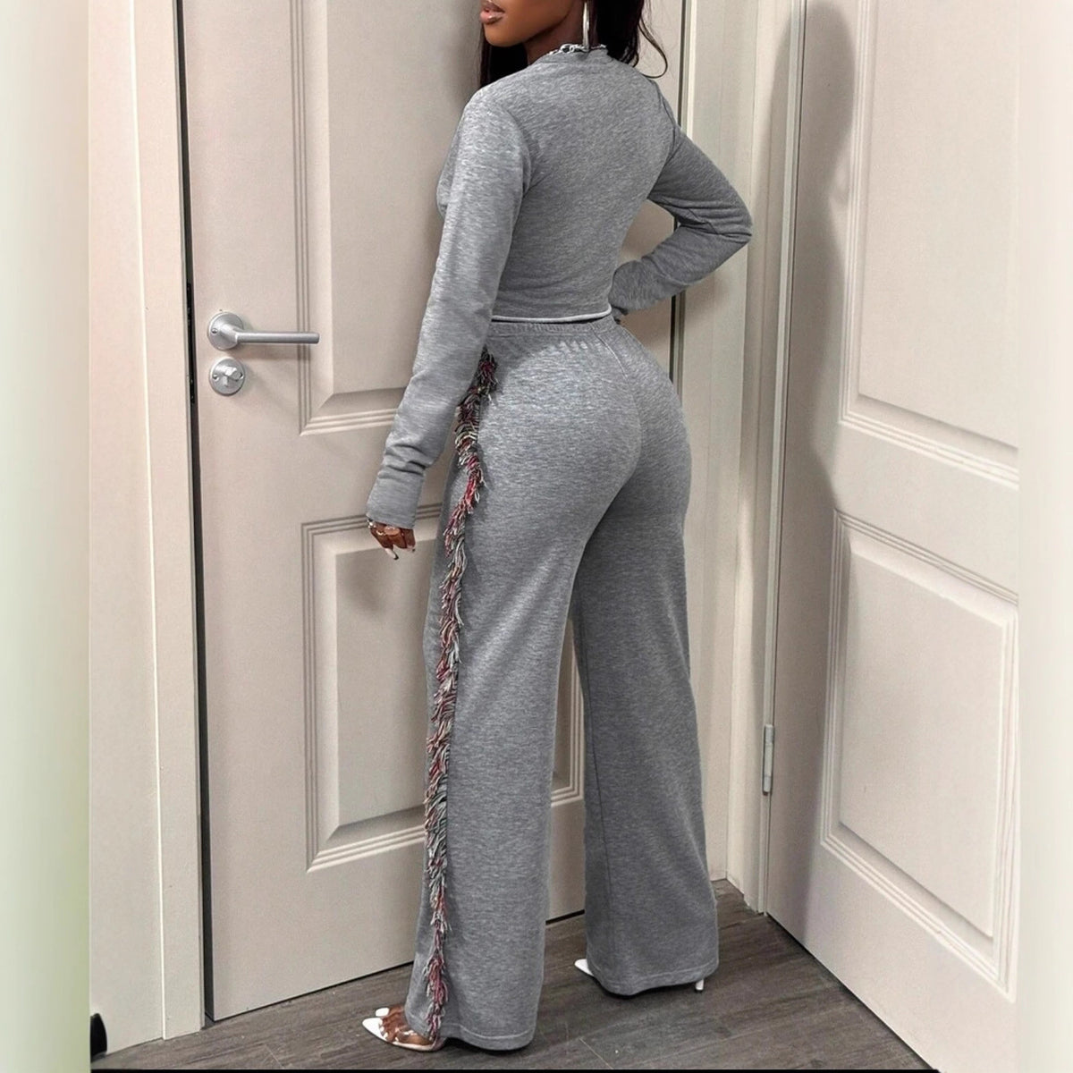 Sexy Tie Front Crop Top Fringe Wide Leg Pants Matching Set
