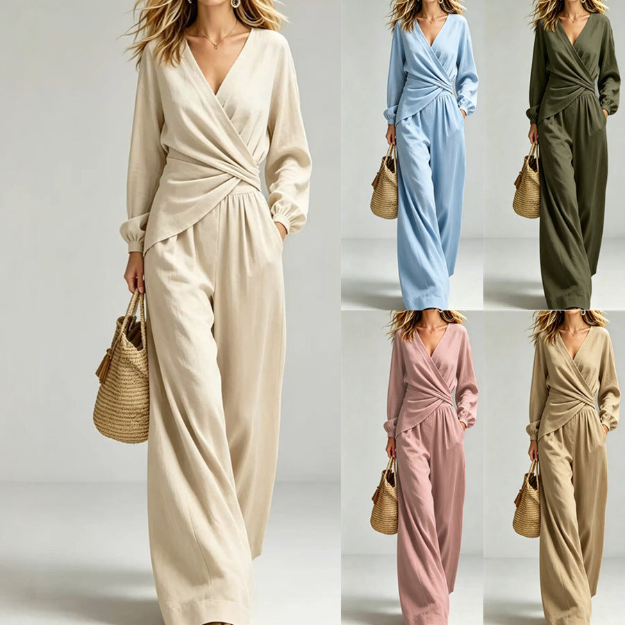 V Neck Wrap Top Wide Leg Pants Two Piece Set