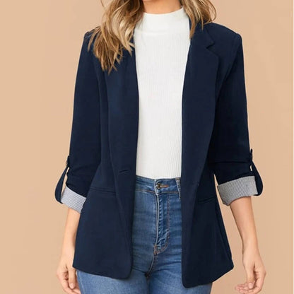 Women Casual Blazer Slim Fit 3/4 Sleeve Striped Cuff