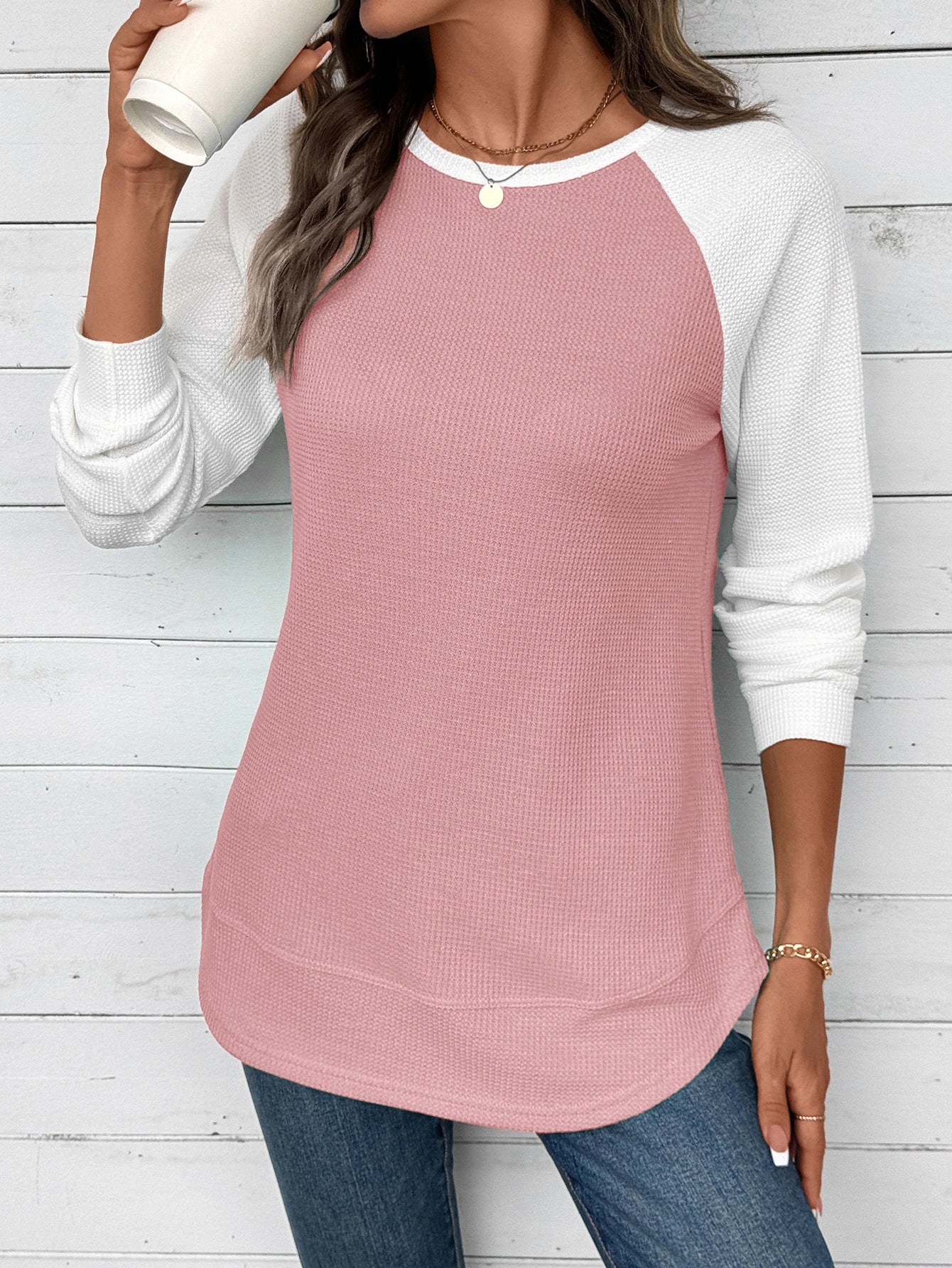 Colorblock Waffle Knit Long Sleeve Top Women Casual Tee