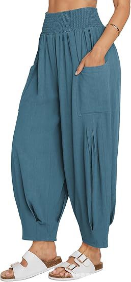 Women's Cotton Linen Harem Pants High Waist Pockets