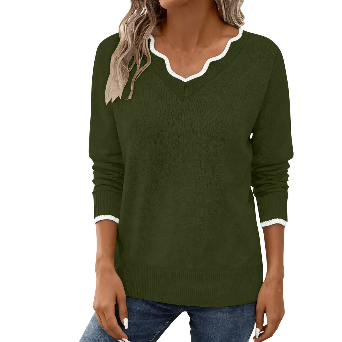Women's Scalloped V-Neck Contrast Trim Long Sleeve Sweater
