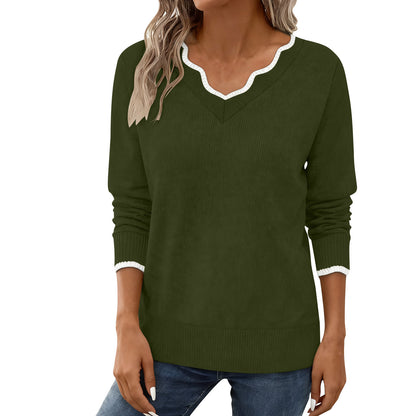 Women's Scalloped V-Neck Contrast Trim Long Sleeve Sweater