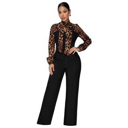 Leopard Print Tie Neck Blouse & Wide Leg Pants Set
