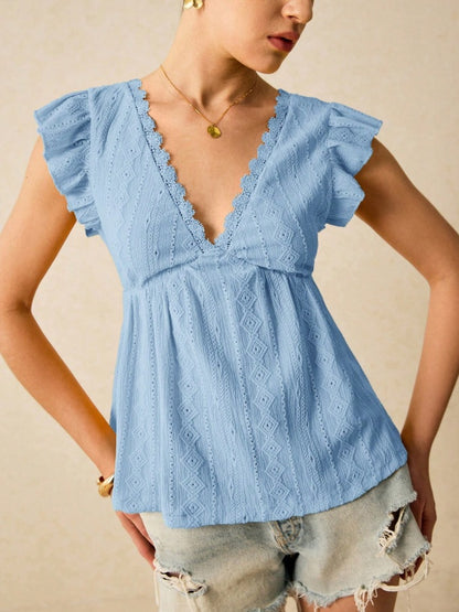 Eyelet Lace Flutter Sleeve V Neck Babydoll Blouse