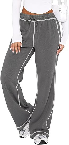 High Waist Wide Leg Jogger Pants with Contrast Stitching