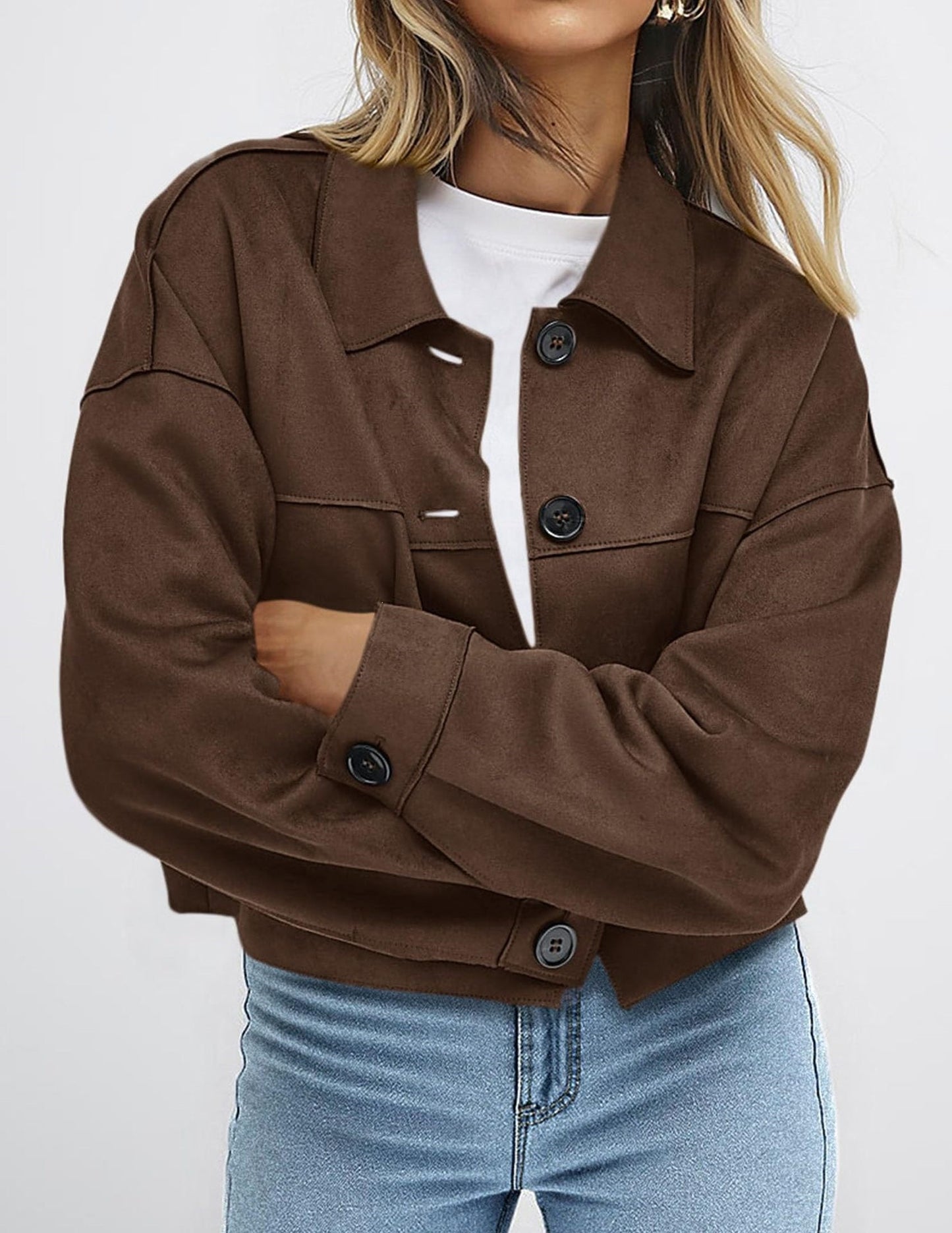Faux Suede Cropped Button Front Jacket with Pockets