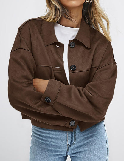 Faux Suede Cropped Button Front Jacket with Pockets