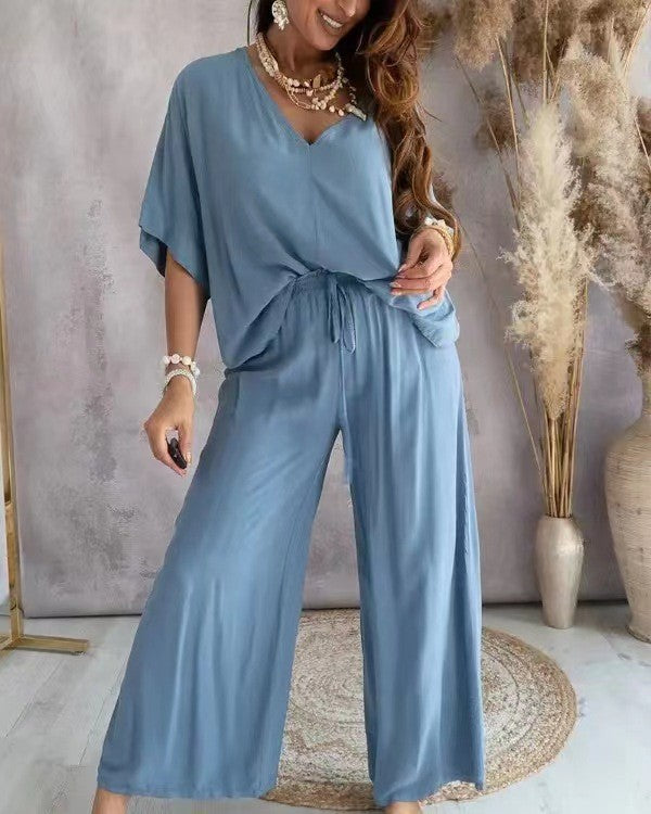 Women's V-Neck Batwing Wide Leg Pants 2-Piece Set
