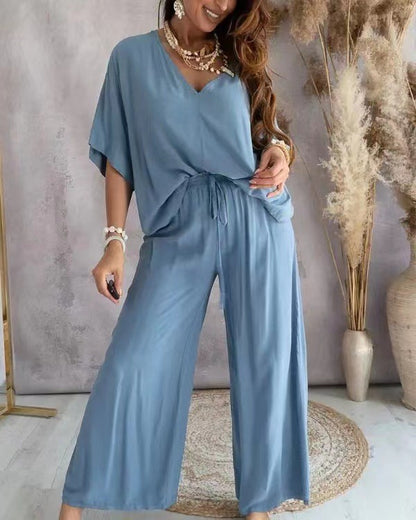 Women's V-Neck Batwing Wide Leg Pants 2-Piece Set