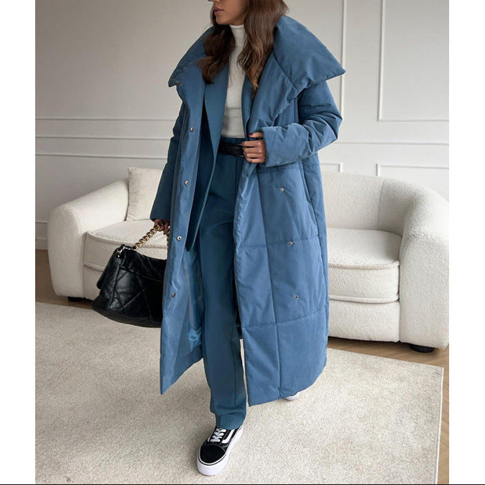 Women's Long Belted Quilted Coat Stand Collar Winter