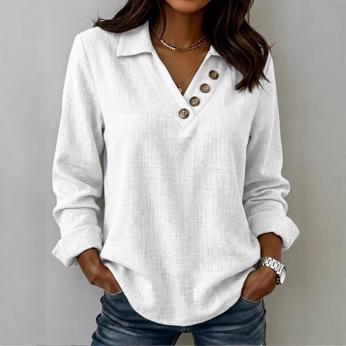 Women's Collared V-Neck Button Long Sleeve Casual Blouse