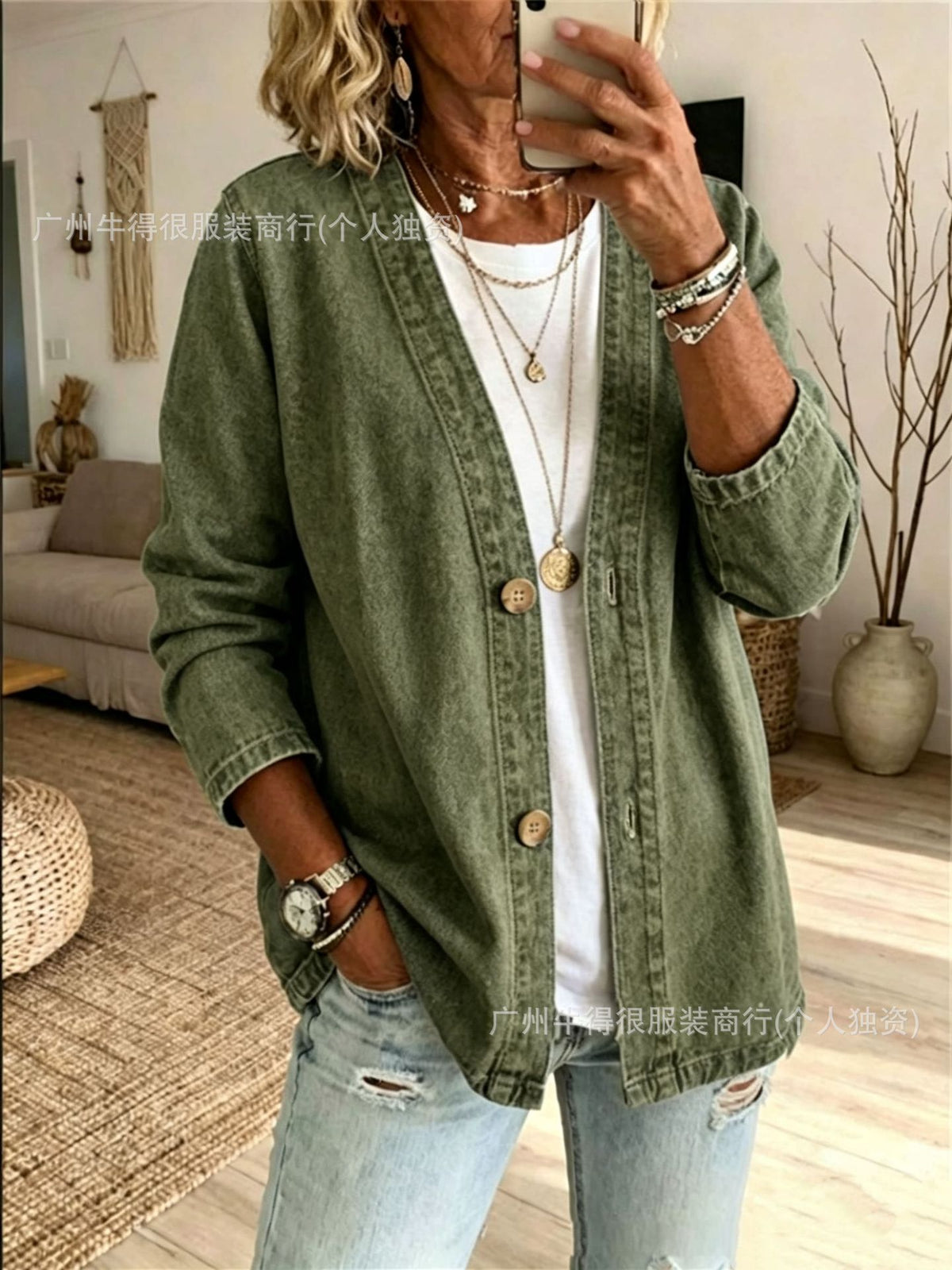 Women's Oversized Vintage Denim Jacket Button Front