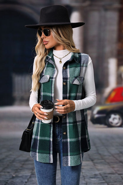 Plaid sleeveless shacket button front longline fit