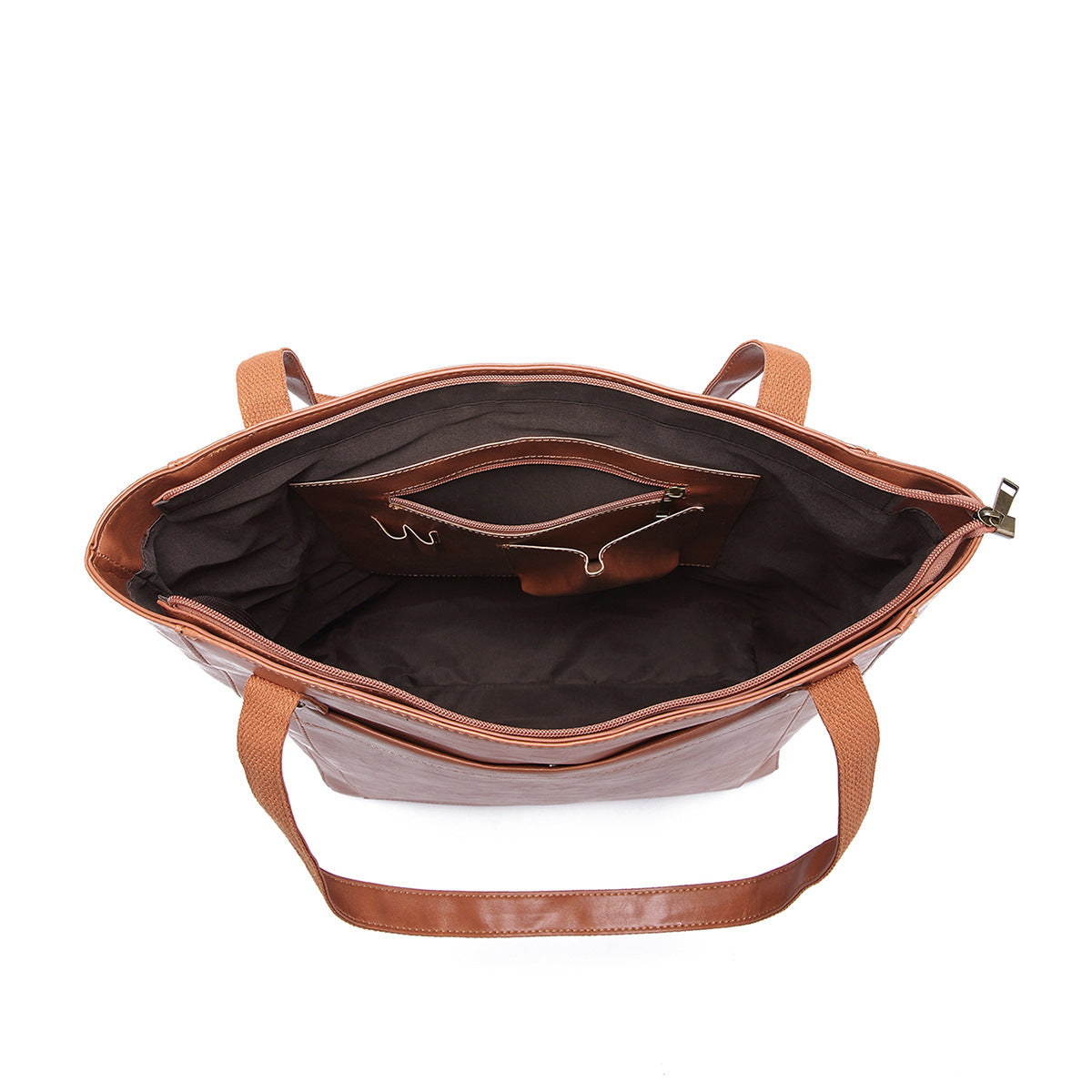 Vintage Soft Leather Tote Bag Set with Zip Pouch, Large Capacity