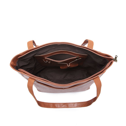 Vintage Soft Leather Tote Bag Set with Zip Pouch, Large Capacity