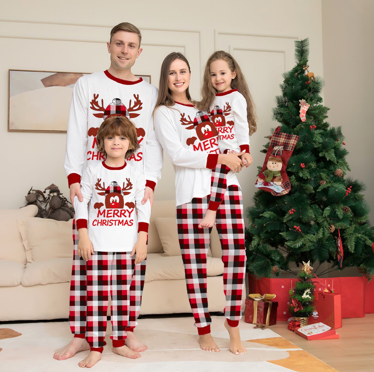 Plaid Fawn Parent-child Print Christmas Pajama Set