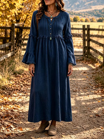 Women's Boho Long Sleeve Ruffle Maxi Dress