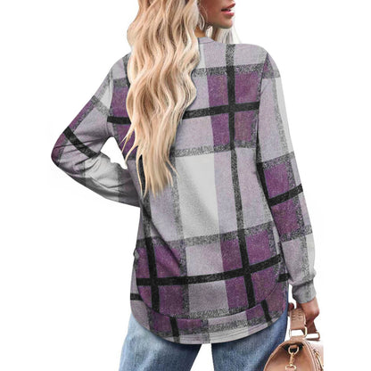 Women's Oversized Plaid Long Sleeve Tunic Top Curved Hem