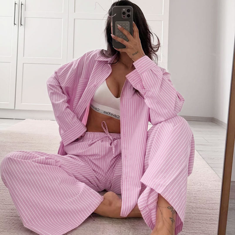 Women's Striped Oversized Shirt and Pants Lounge Set