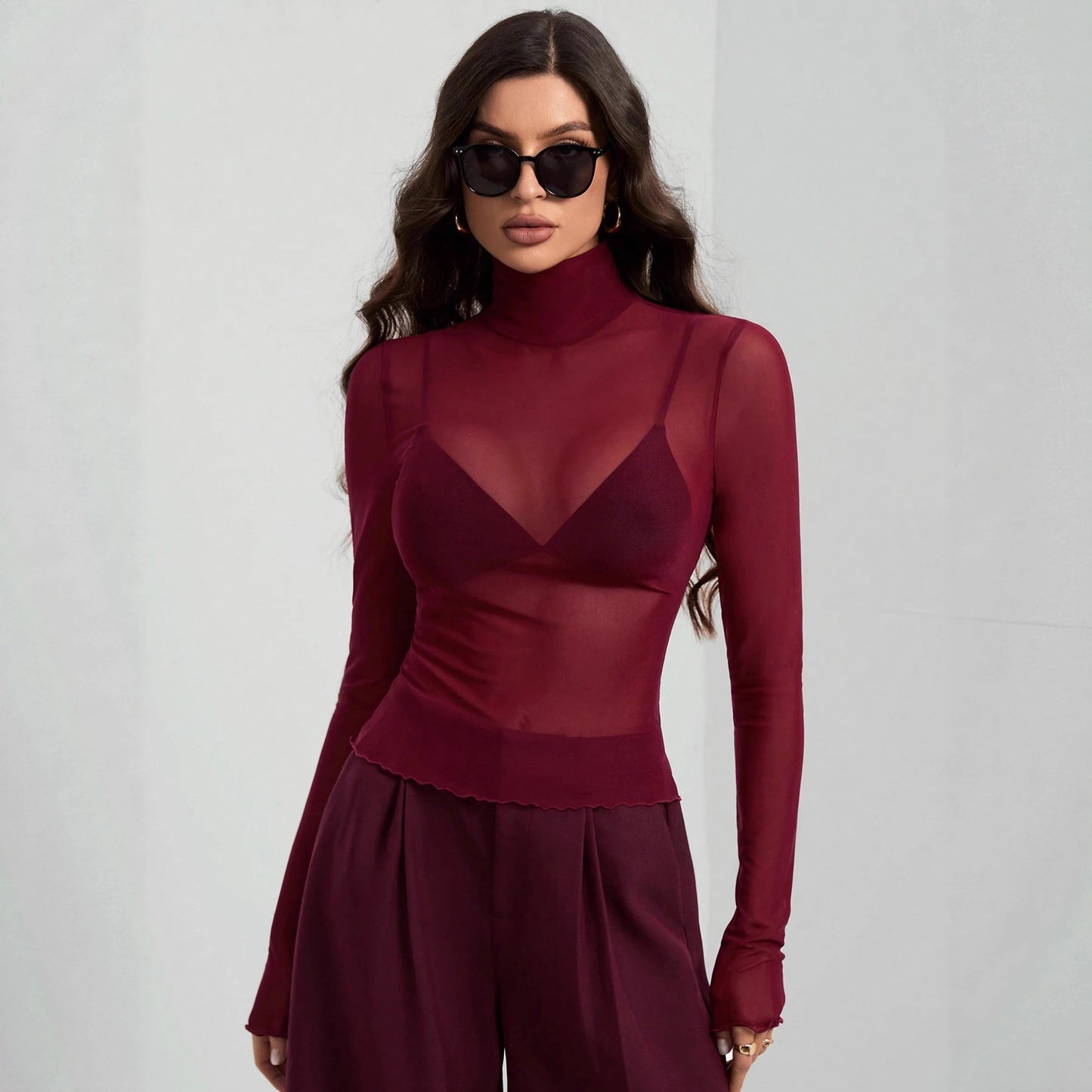 Solid Mesh Turtleneck Top Long Sleeve Fitted Blouse