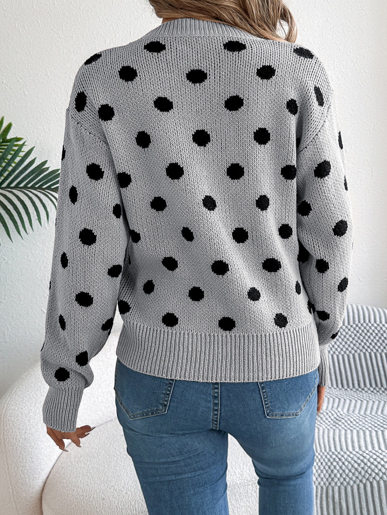 Polka Dot Knit Sweater Long Sleeve Casual Pullover