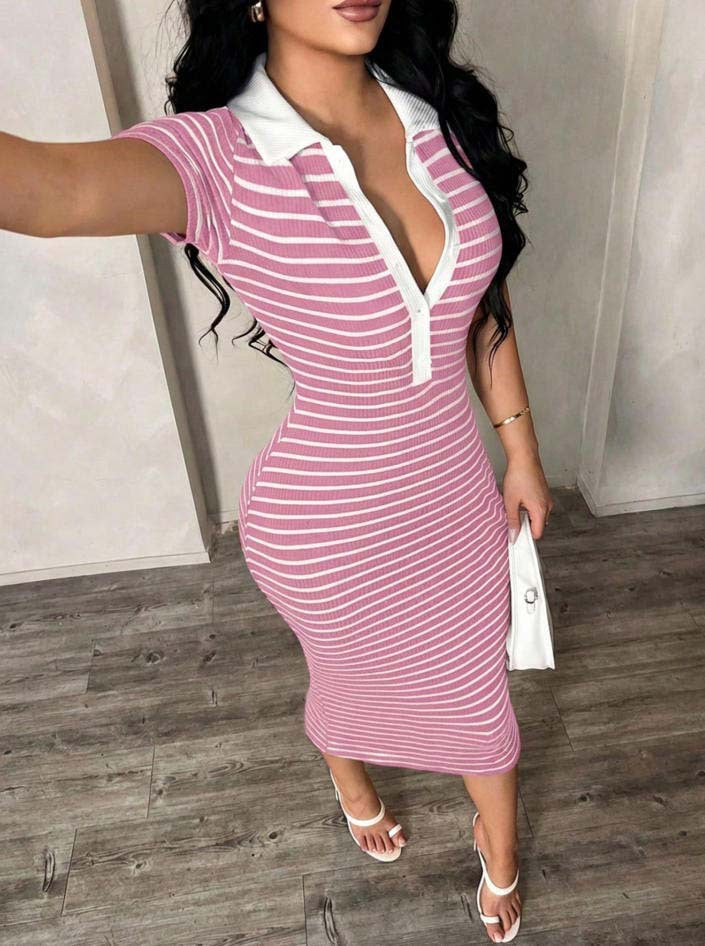 Polo Collar Stripe Bodycon Midi Dress Short Sleeve Casual