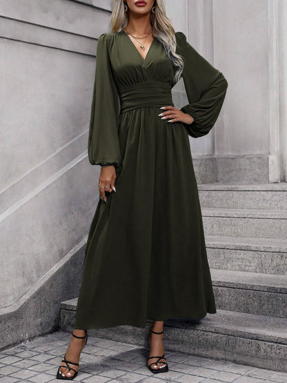 Balloon Sleeve Maxi Dress V-Neck Smocked High Slit