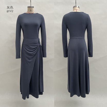 Women's Long Sleeve Knot Waist Maxi Dress A-Line
