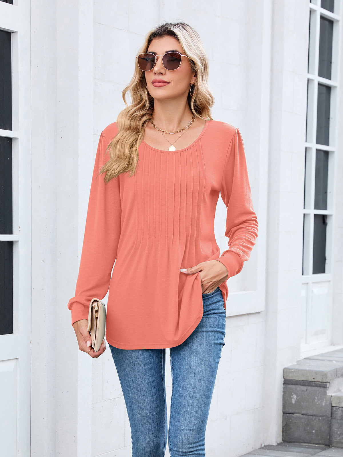 Women's Long Sleeve Pleated Tunic Top Loose Casual Blouse