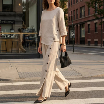 Women's Linen Cotton 2 Piece Set Wide Leg Pants Summer
