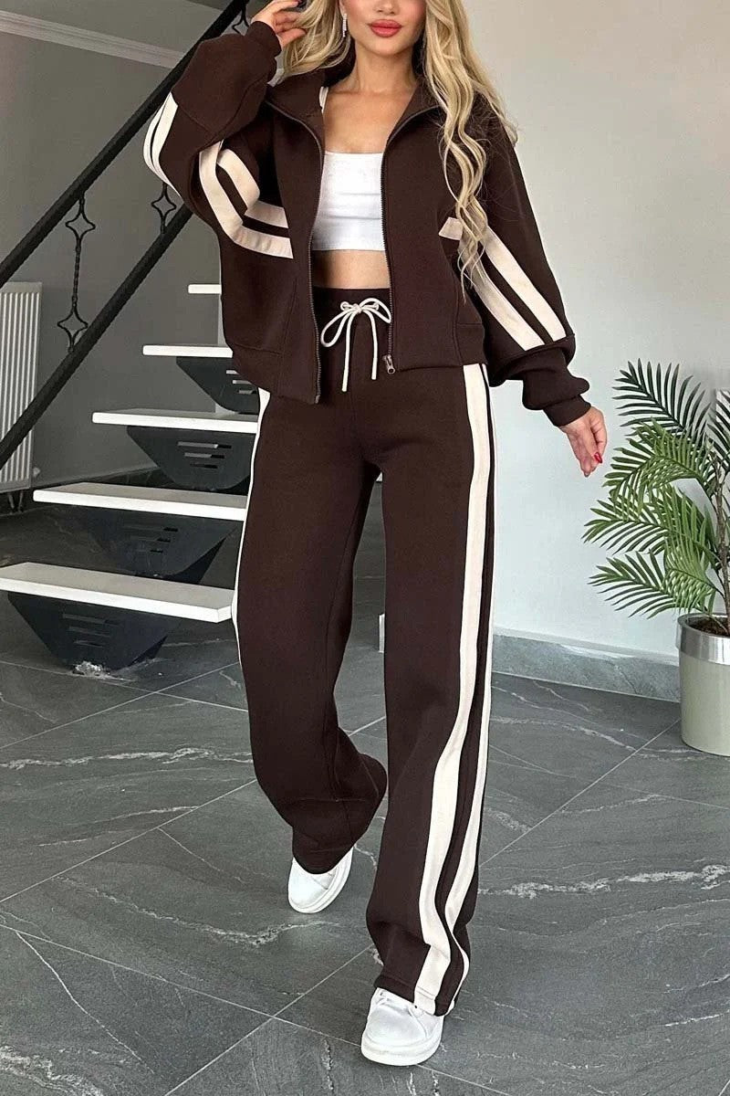 Women's Y2K Striped Zip Tracksuit Set Wide Leg Pants