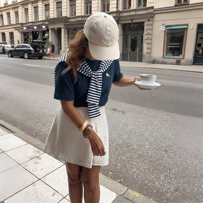 Navy Tee Striped Scarf Set Casual Short Sleeve Top