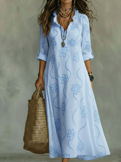 Boho Embroidered Maxi Dress V-Neck Flowy Long Sleeve