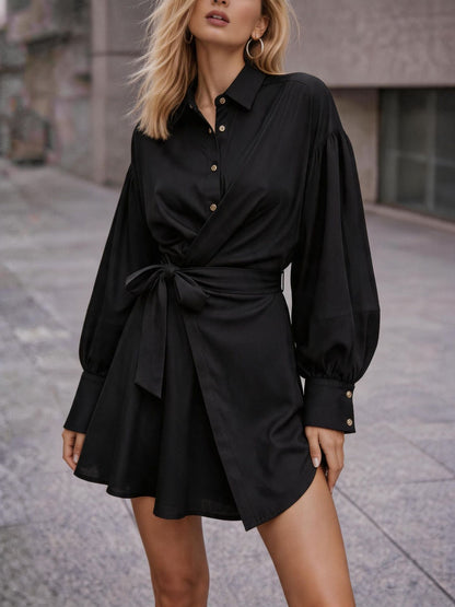 Womens Tie Waist Shirt Dress Balloon Sleeve Button Front