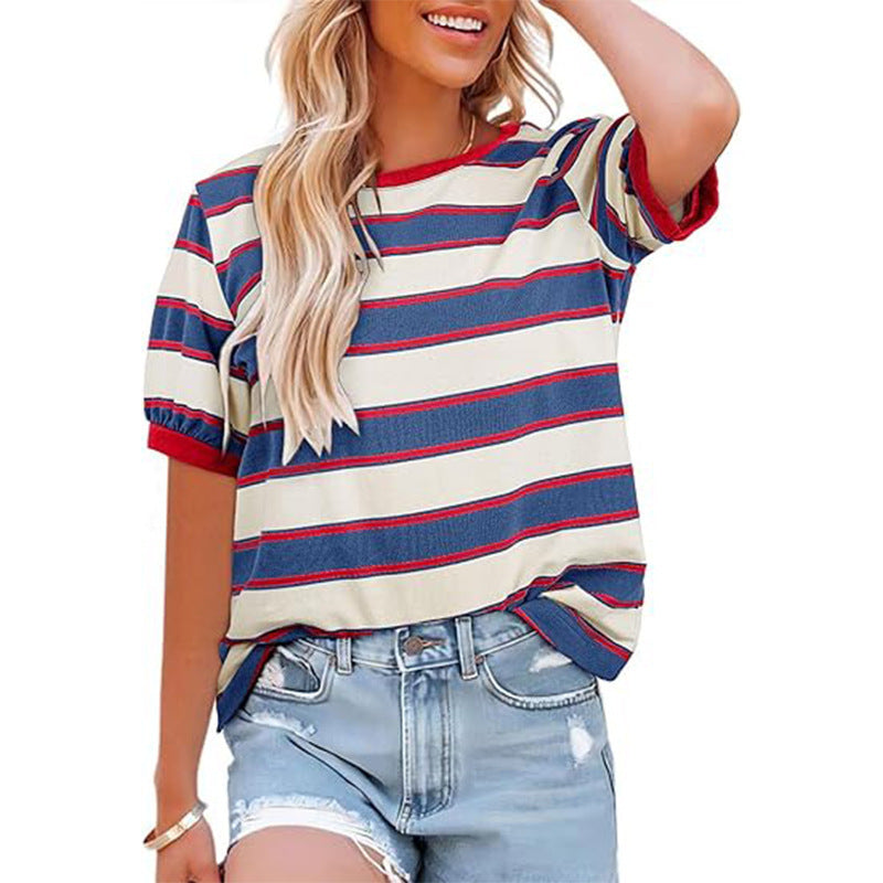 Women Striped Color Block Tee Casual Loose Fit Summer Top