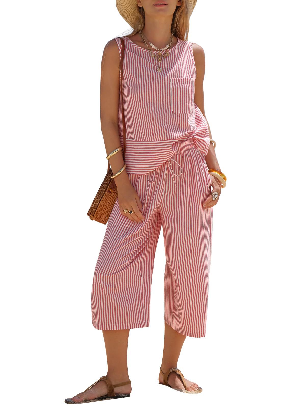 Striped Cotton Matching Set Sleeveless Top Capri Pants Casual