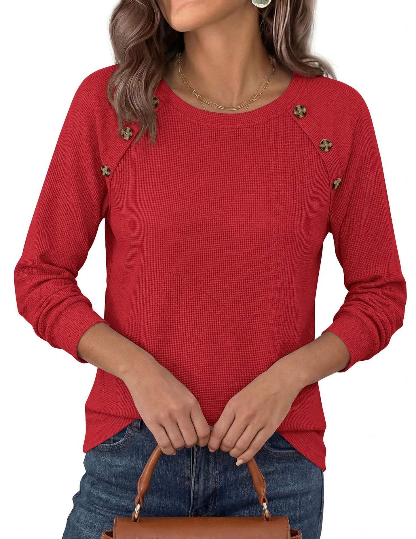 Waffle Knit Button Henley Top Crew Neck Long Sleeve Tee
