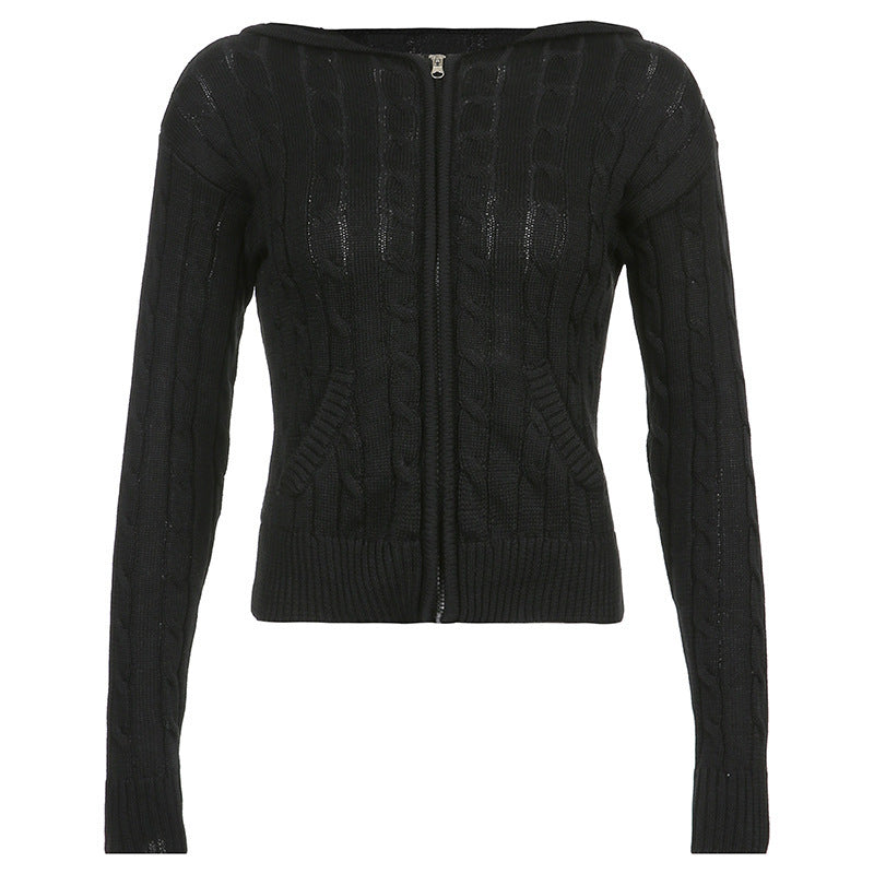Women's Cropped Zip-Up Hooded Knit Cardigan with Pockets