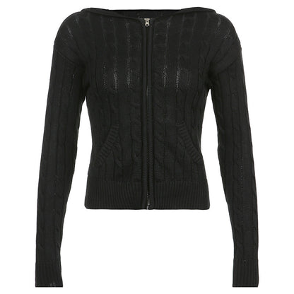 Women's Cropped Zip-Up Hooded Knit Cardigan with Pockets