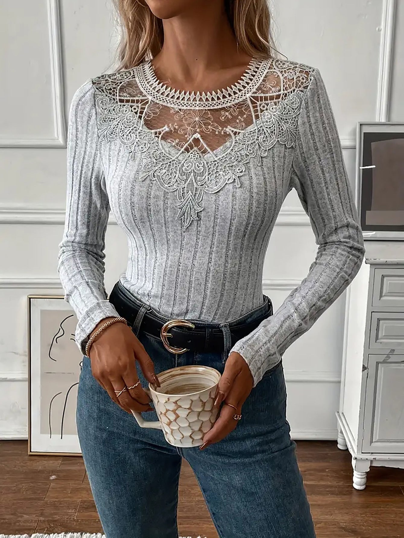 Women's Lace Panel Ribbed Long Sleeve Top