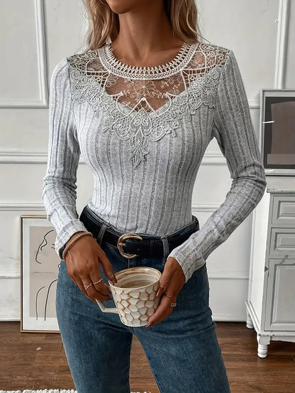Women's Lace Panel Ribbed Long Sleeve Top