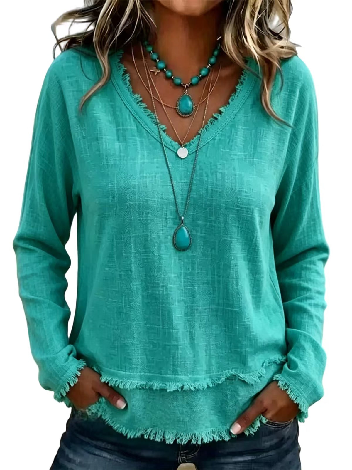 Women's Oversized V Neck Frayed Hem Long Sleeve Top